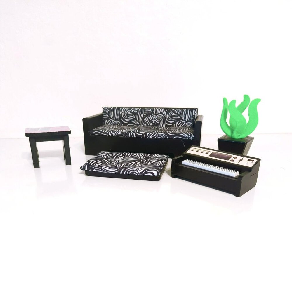 KidKraft Wood Dollhouse Furniture Black/White Sofa Couch Plant Piano Footrest